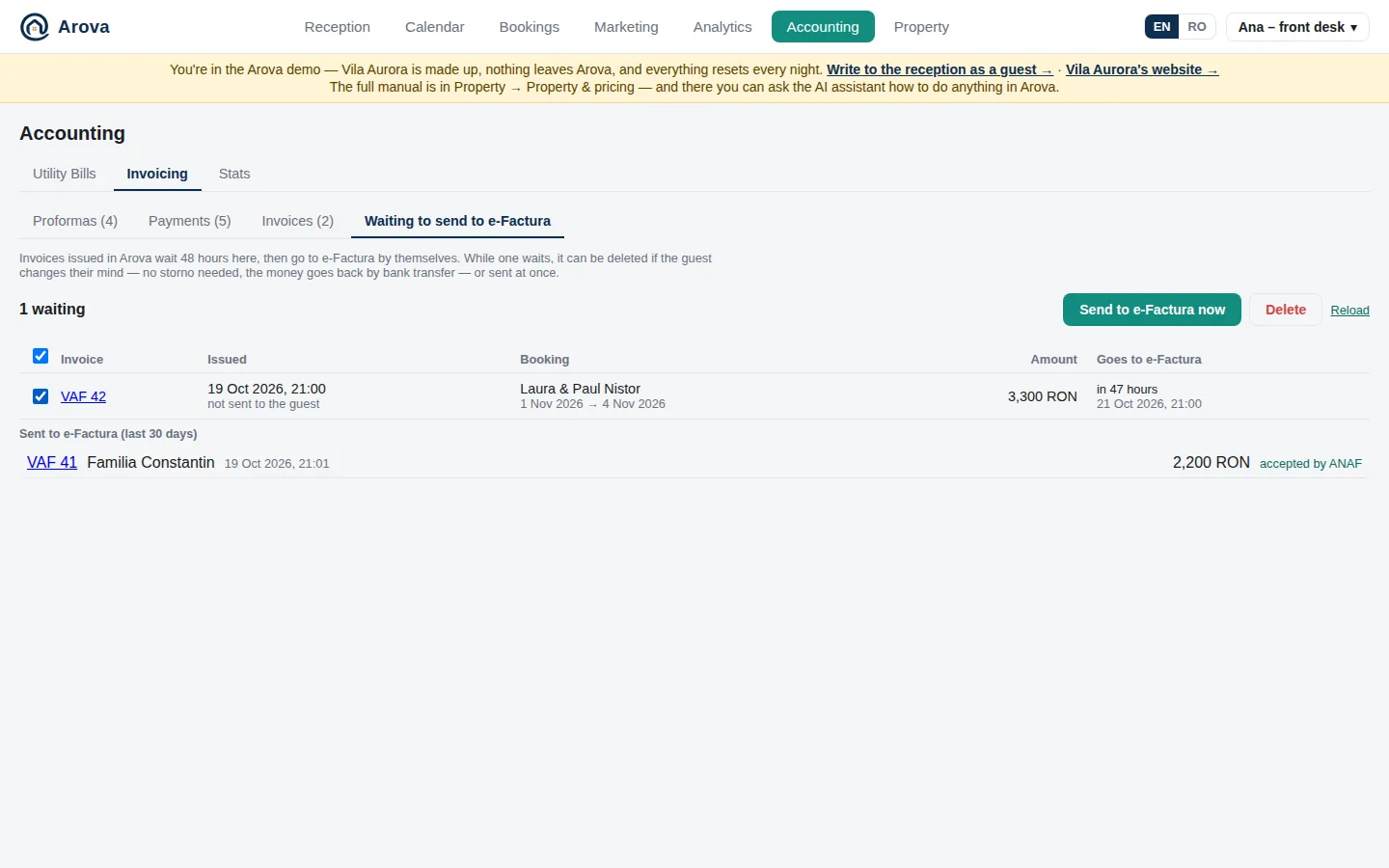 Accounting → Invoicing → Waiting to send to e-Factura