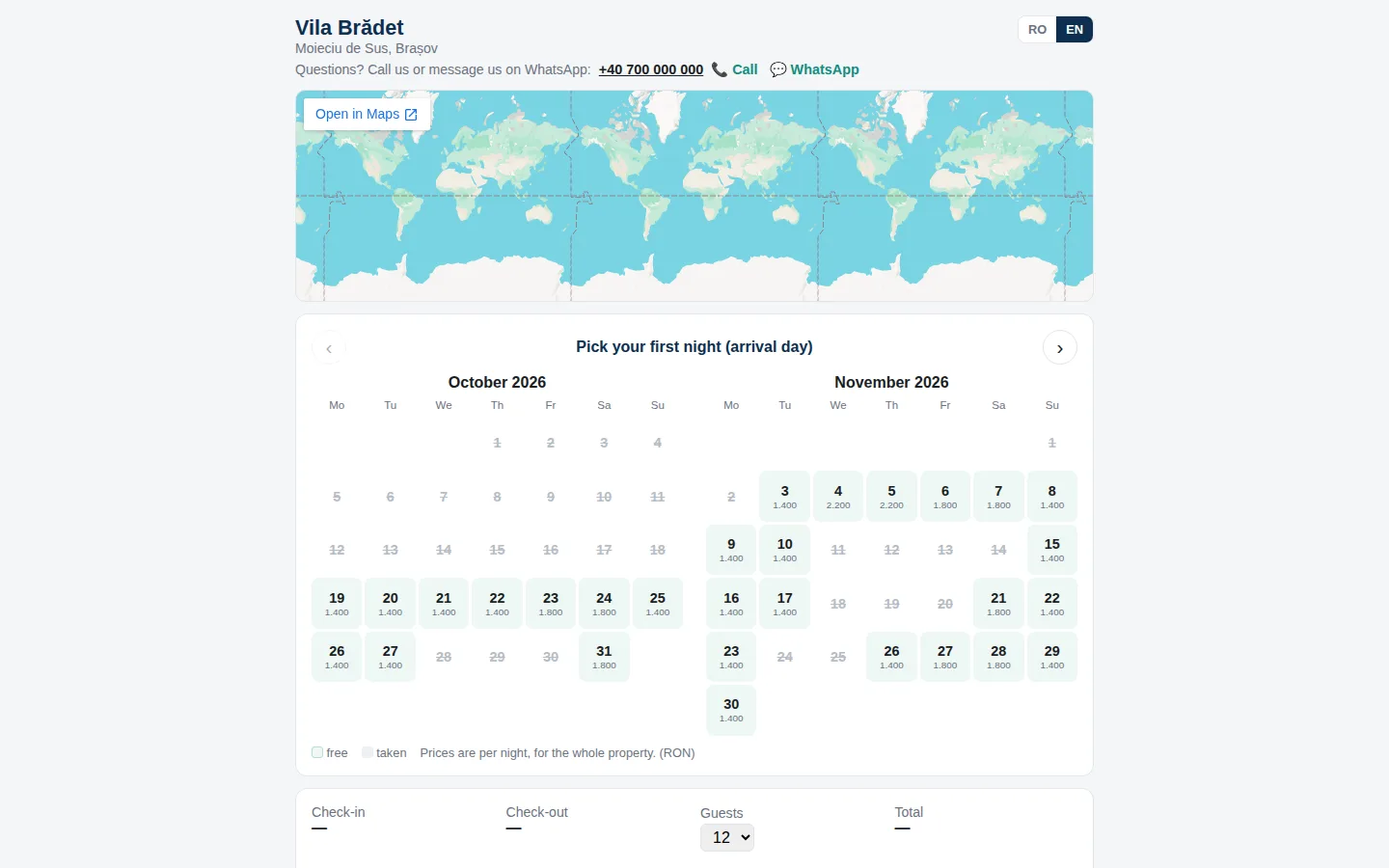 The booking page