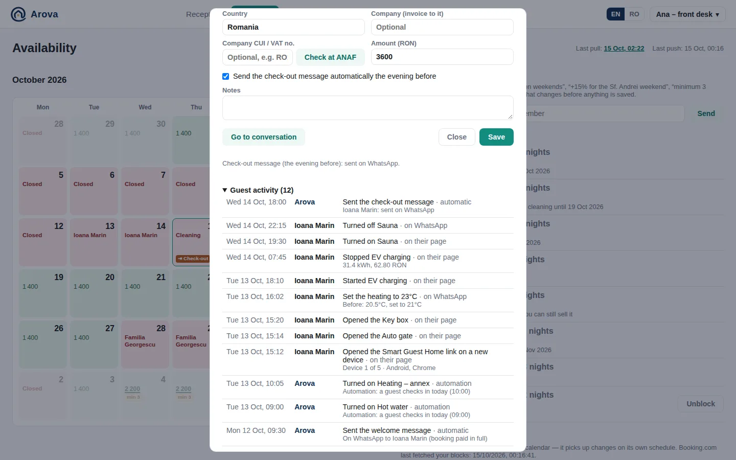 A booking's Guest activity