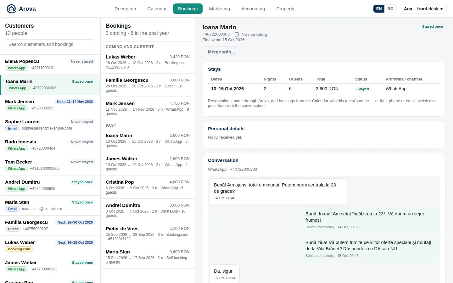The Bookings tab with a customer's profile
