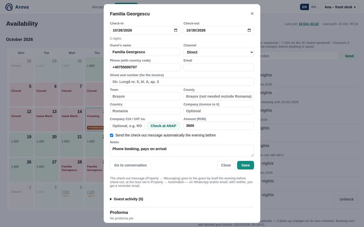 A booking open in the Calendar