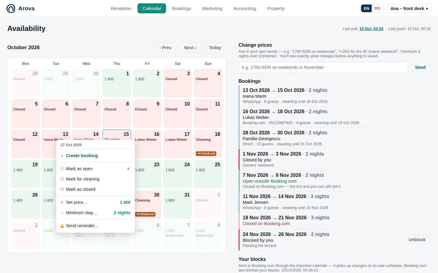 The Calendar's right-click menu