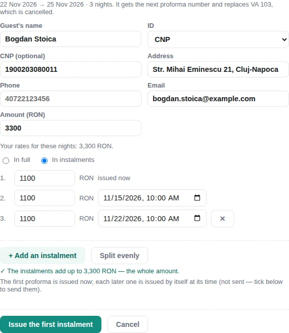 Issuing a proforma in three instalments