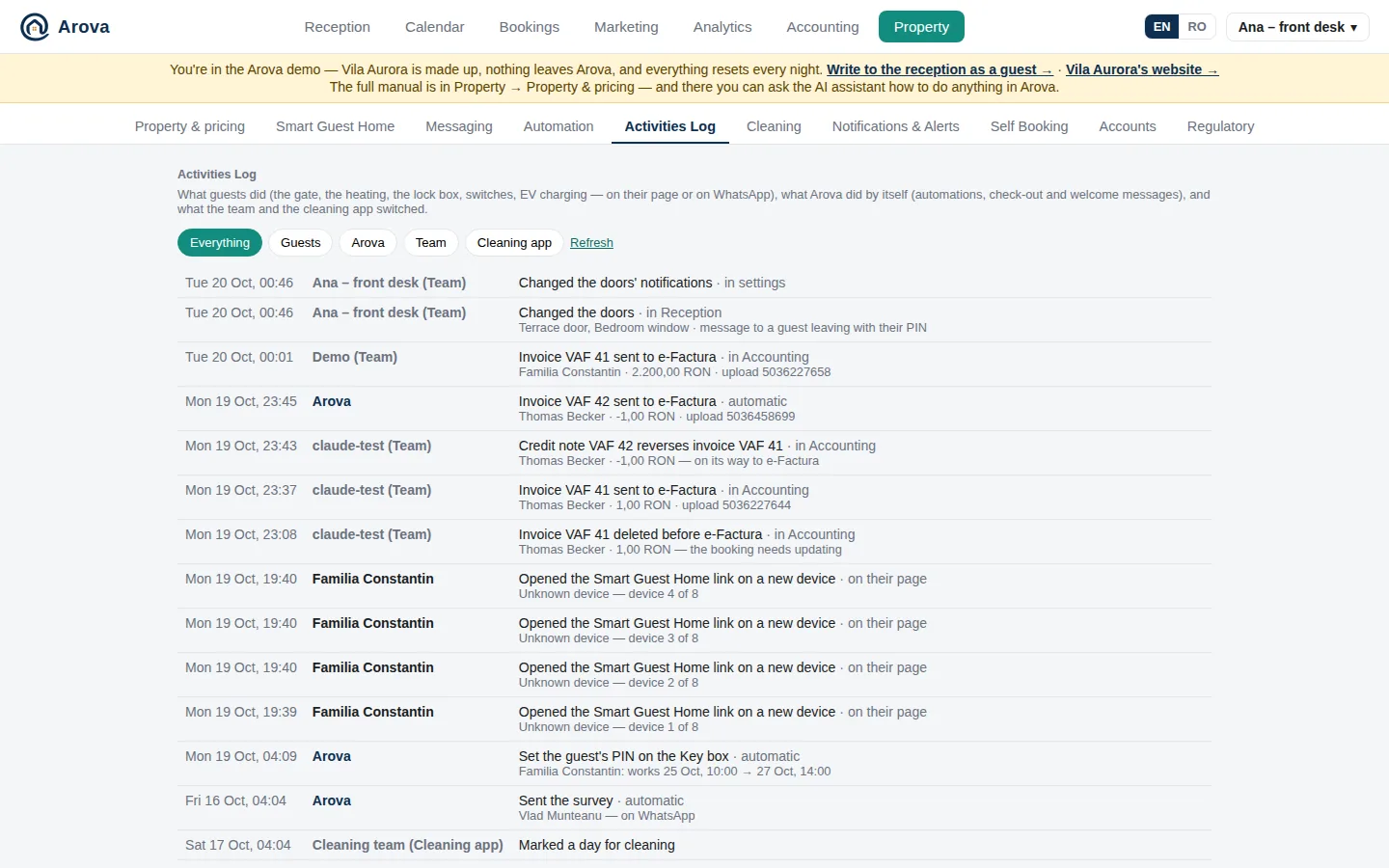 Property → Activities Log
