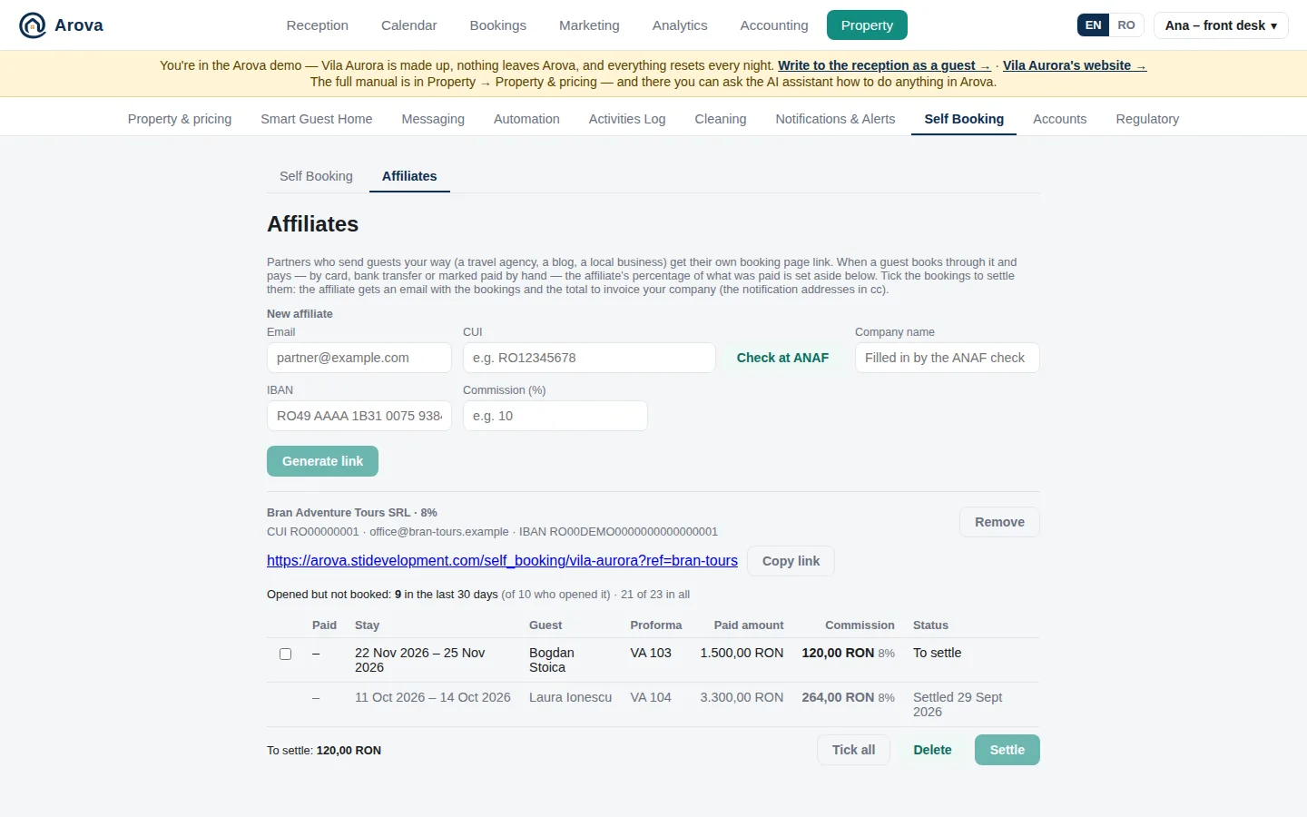 Property → Self Booking → Affiliates