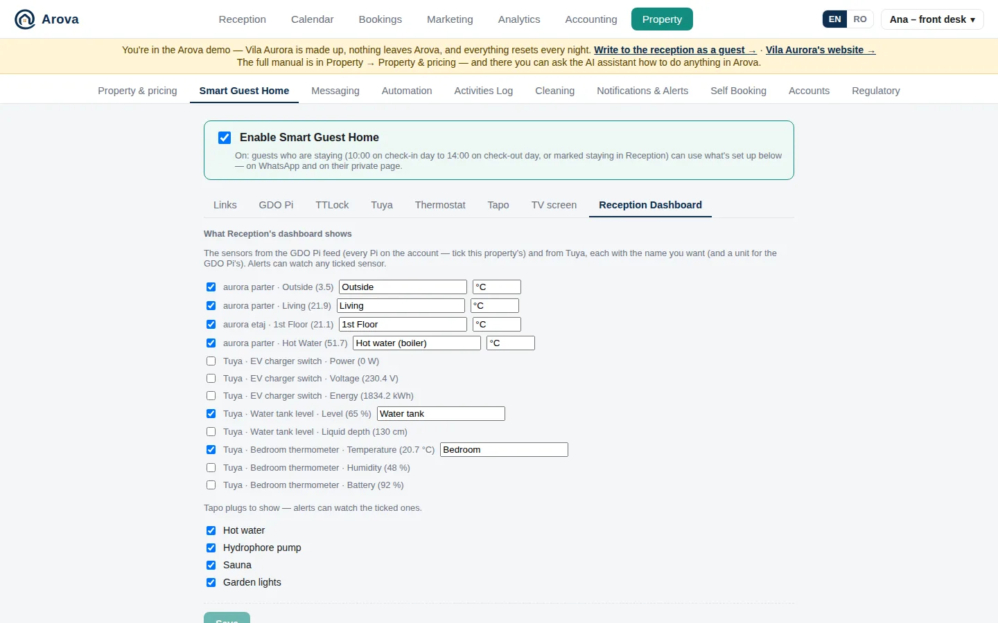 Property → Smart Guest Home → Reception Dashboard