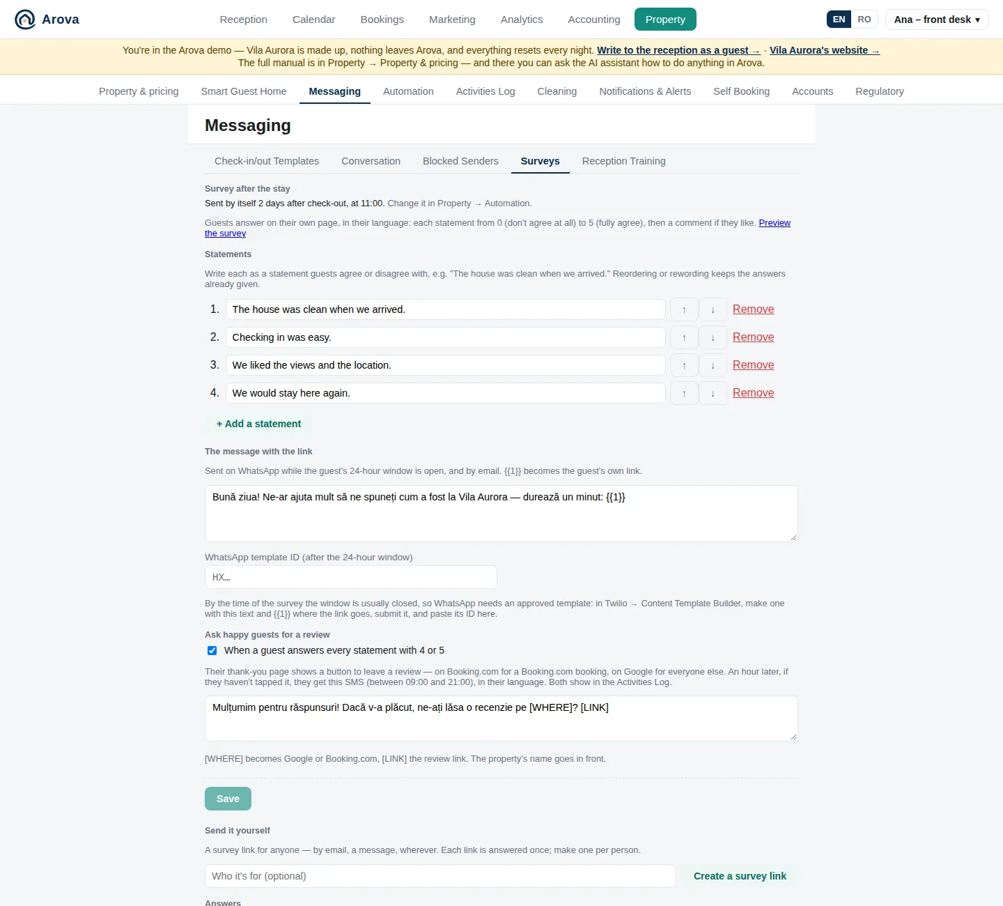 Property → Messaging → Surveys