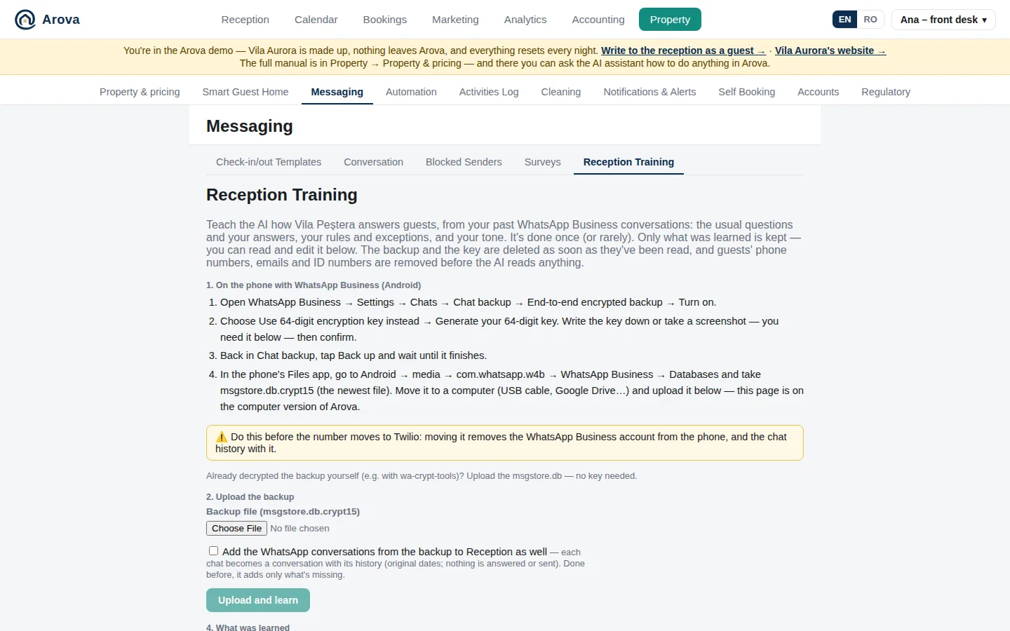 Property → Messaging → Reception Training
