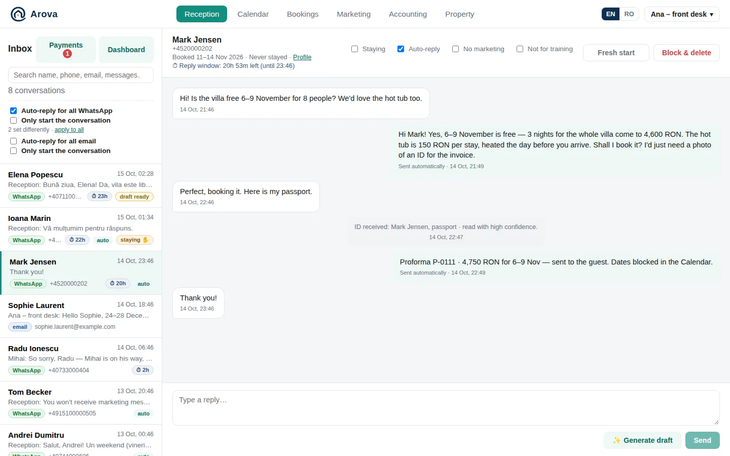 A conversation answered automatically by the bot