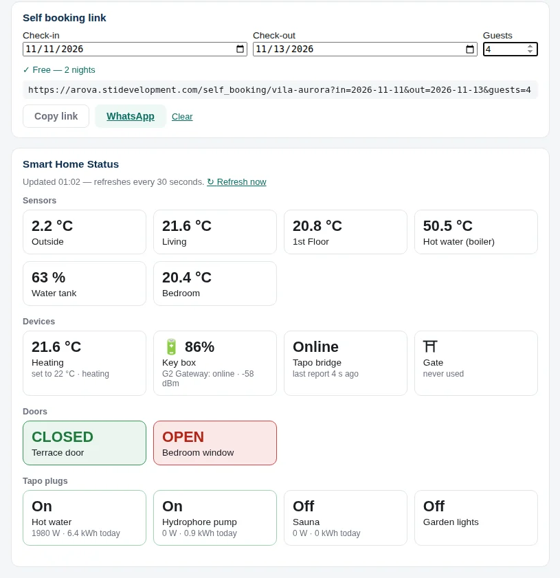 The self booking link and the house's devices on the Dashboard