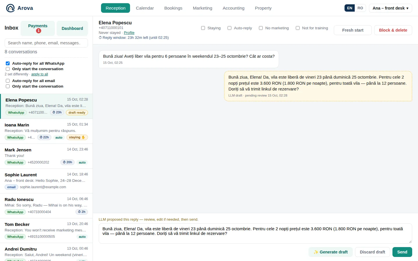 Reception with a conversation open and a bot draft waiting